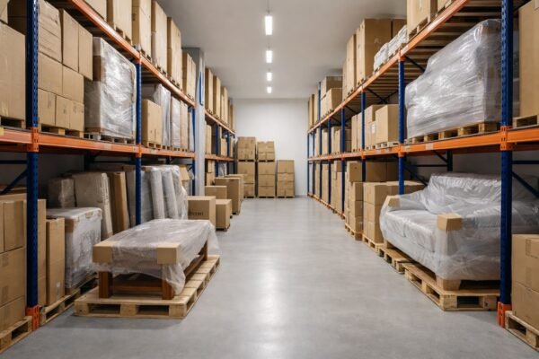 مستودع تخزين منظم بأرفف وممرات واضحة وأثاث مغلف
