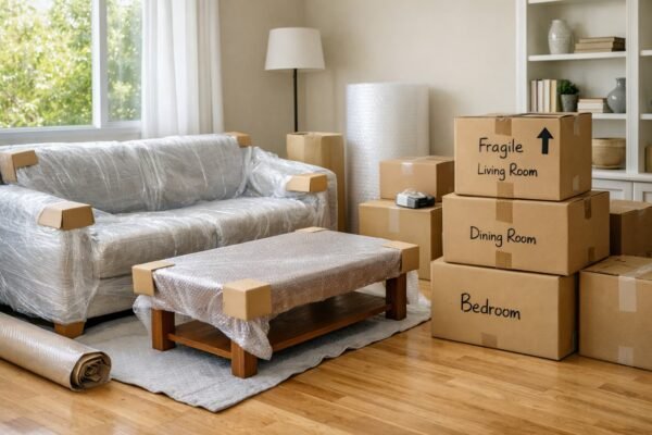 تغليف كنب وطاولة خشبية وكراتين مُعلمة قبل التخزين