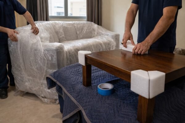 تغليف كنب فاخر وتثبيت زوايا حماية على طاولة داخل شقة بحولي الكويت