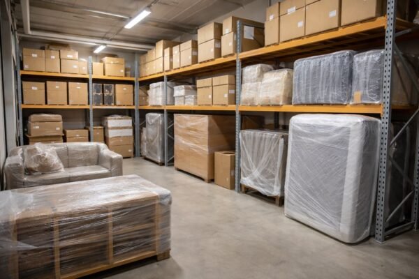 مستودع تخزين أثاث منظم ونظيف في الكويت مع كراتين مُرقمة وأثاث مغلف بالكامل