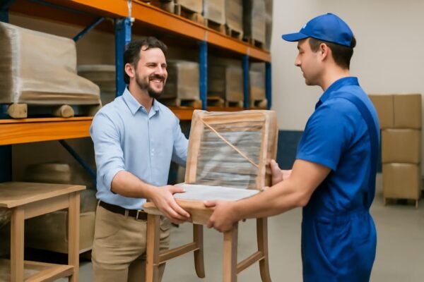 عميل يستلم أثاثه من مخزن منظم ونظيف