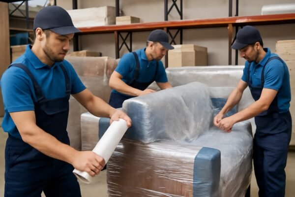 عمال يقومون بتغليف أثاث كبير باستخدام مواد حماية