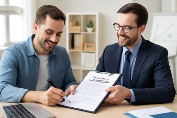 عميل يوقّع عقدًا مع موظف شركة لتخزين الأثاث