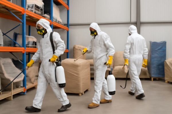 فريق مكافحة حشرات يعمل داخل مستودع تخزين أثاث