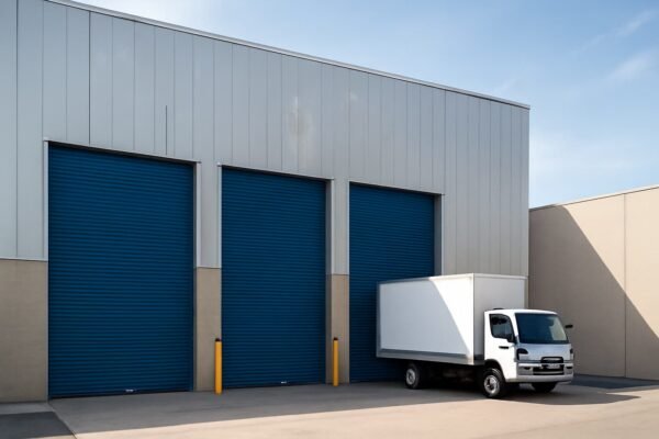 مخزن أثاث بالكويت مع أبواب لفات زرقاء وشاحنة بيضاء