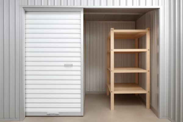 وحدة تخزين فردية داخل مخزن أثاث بالكويت مع باب مغلق وأرفف خشبية مرتبة